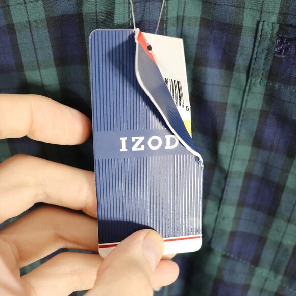 IZOD Essential Poplin Button Down Plaid Shirt Navy/Green Sz M NWT - Picture 6 of 7